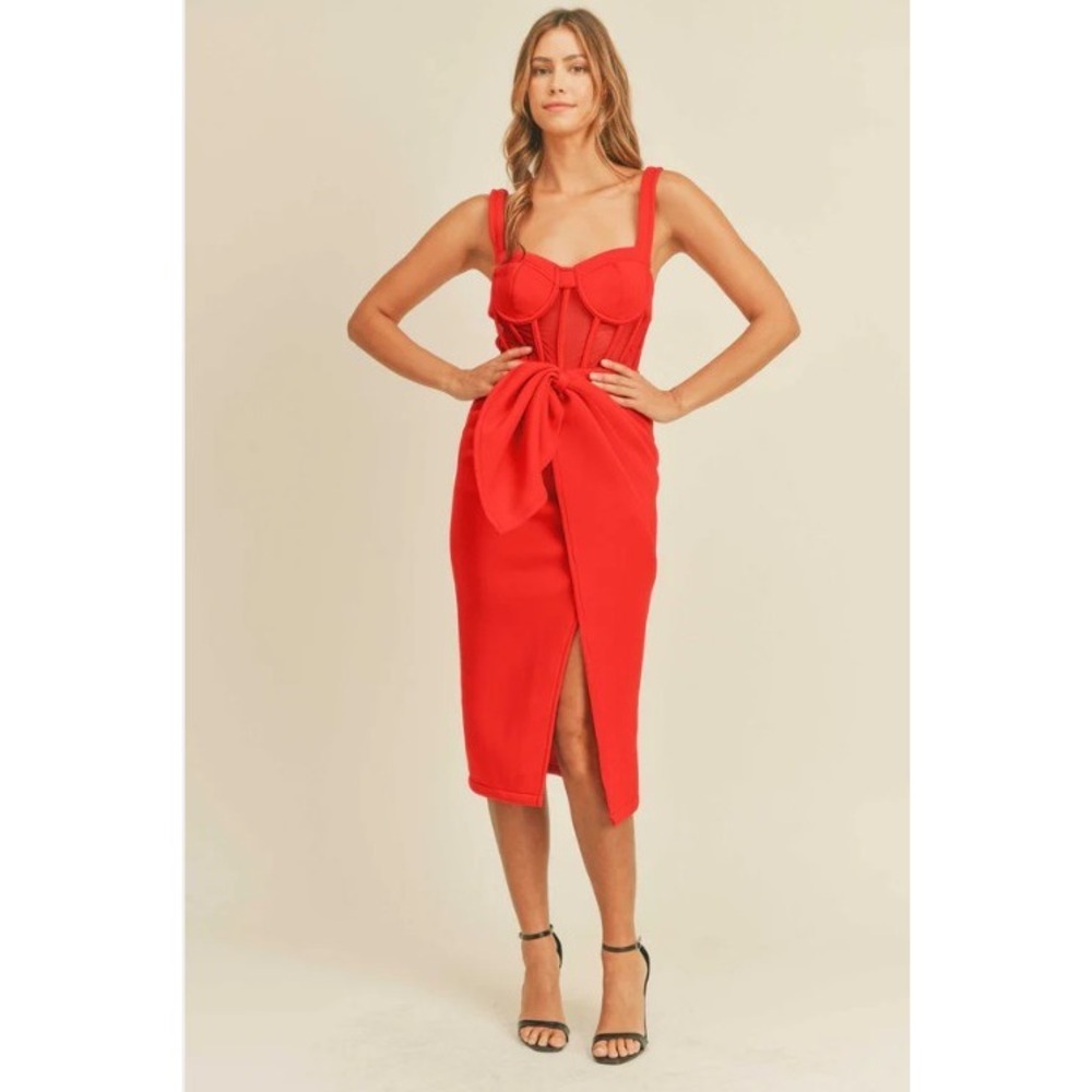 Mable Kelsey Scuba Red Corset Midi Dress Party Cocktail Bodycon Ruched Size‎ L